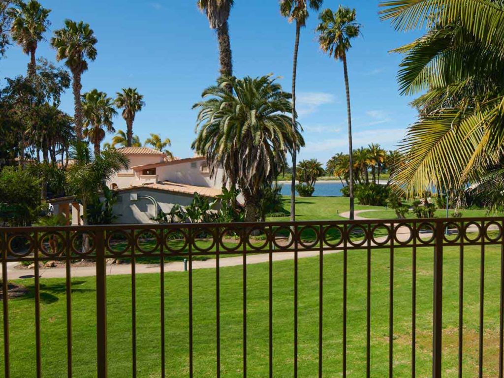 Bay and garden view from room at San Diego Mission View Resort