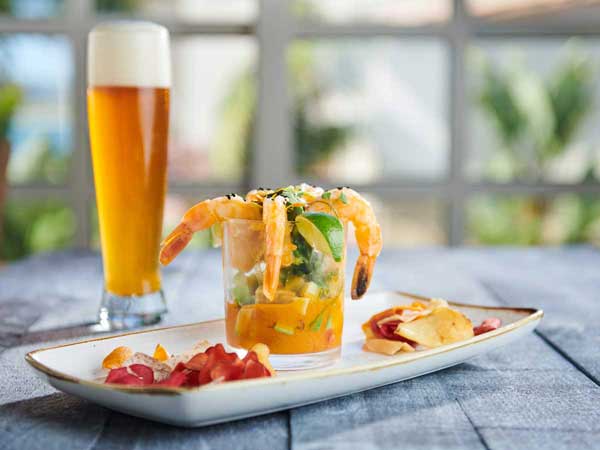 Shrimp cocktail and beer at San Diego Mission Bay Resort restaurant
