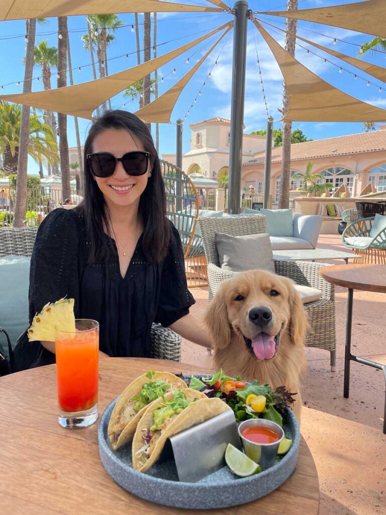 woman with her golden retriever at dinner