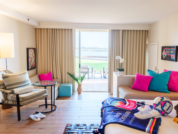 San Diego Mission Bay Resort soccer-themed guest room with bayfront view and branded décor.