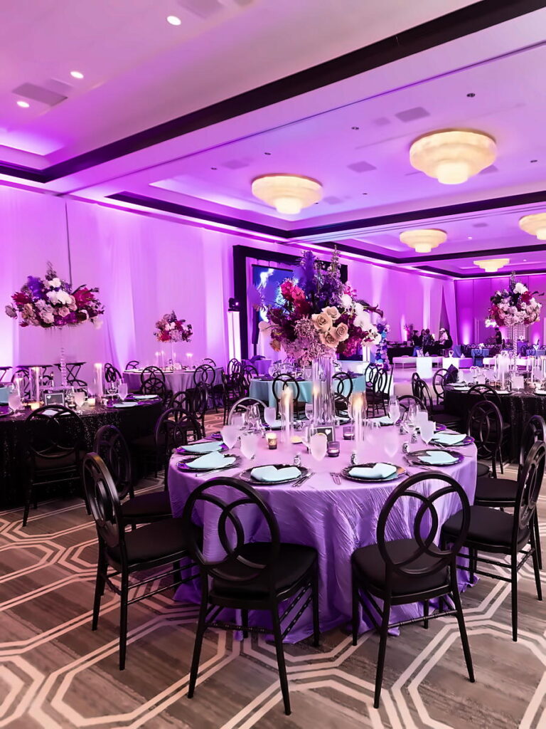 Floral centerpiece and banquet table setting at San Diego Mission Bay Resort