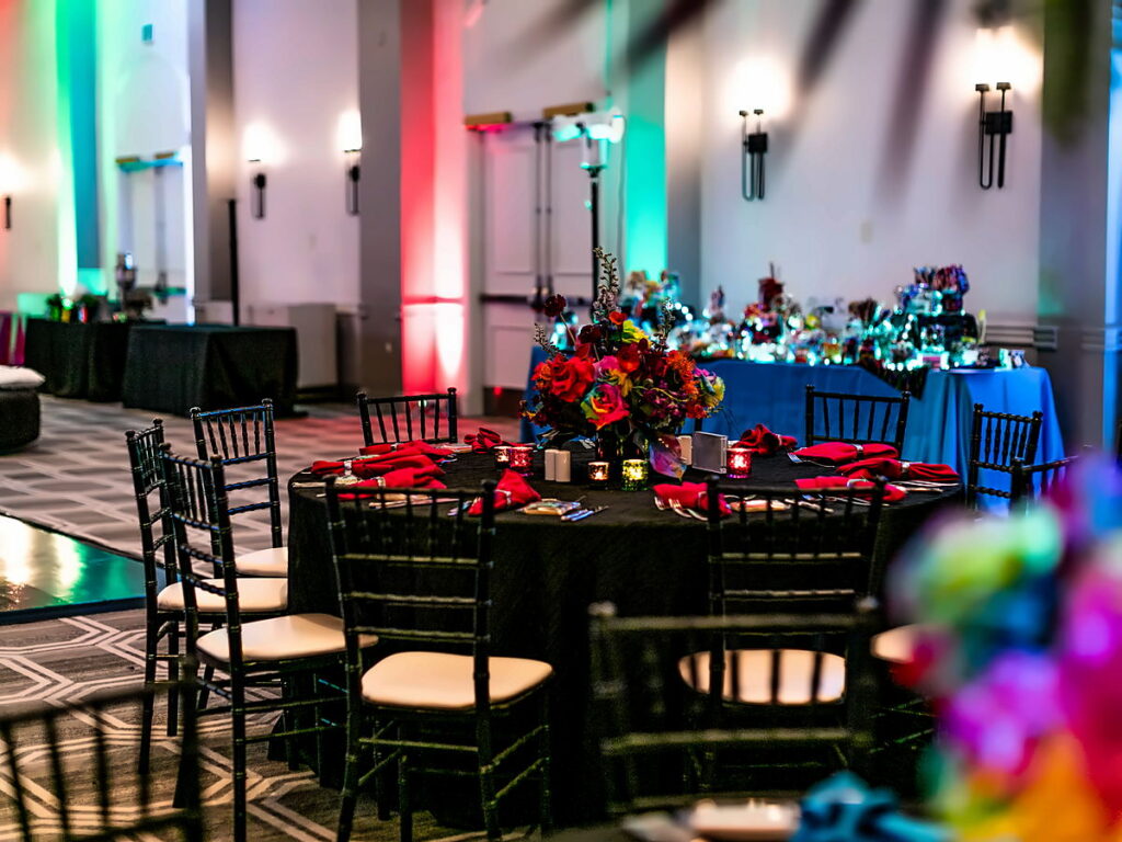 Bar mitzvah reception table and colorful centerpiece at San Diego Mission Bay Resort