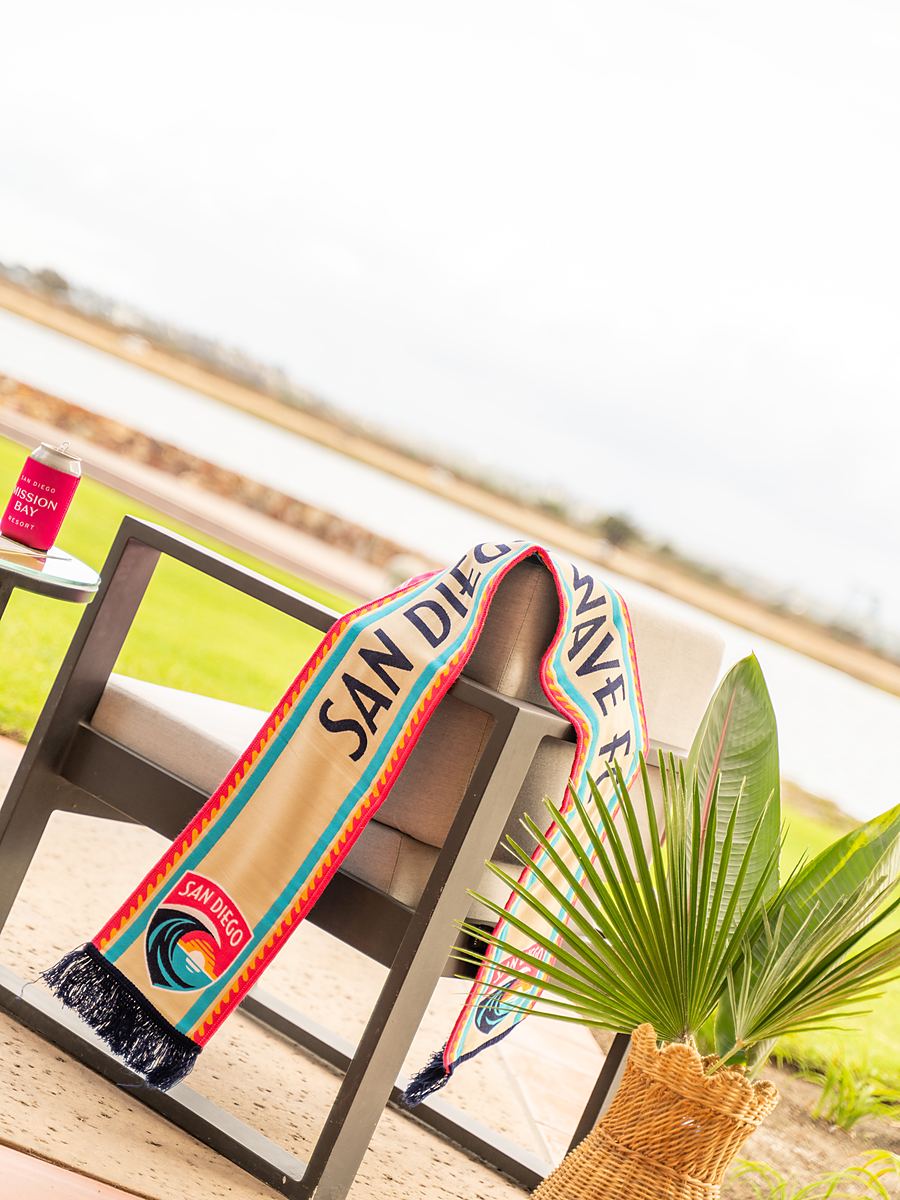 San Diego Wave FC scarf on a patio chair at San Diego Mission Bay Resort.