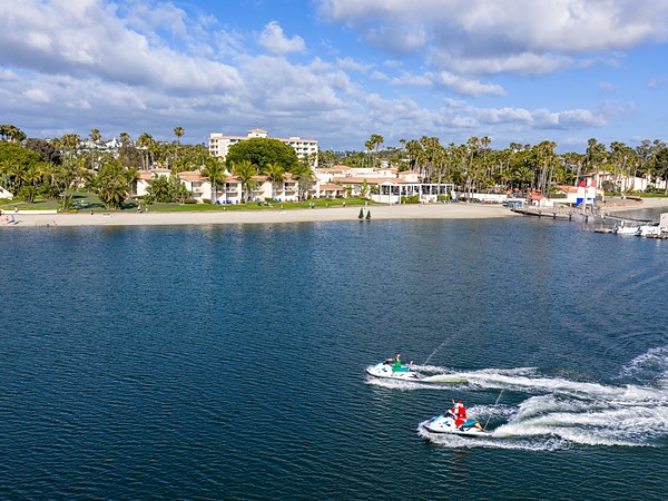 Santa on a jet ski during Christmas in July at San Diego Mission Bay Resort.