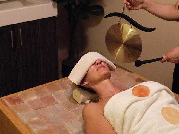 Salt stone sound therapy with gong at San Diego Mission Bay Resort spa